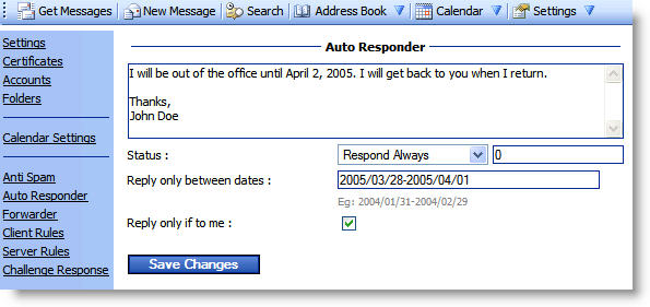 WebMail Instructions 26 - Auto Responder Settings Image